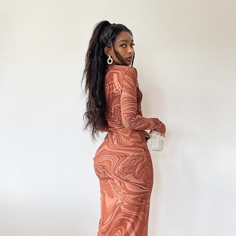 Women Clothing Autumn Winter Print round Neck Long Sleeve Slim Mid Length Dress by Ragazza