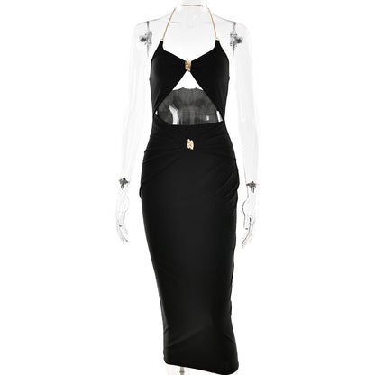 Summer Halter Cut out Dress Sexy Slim Solid Color Deep V Plunge Dress by Ragazza