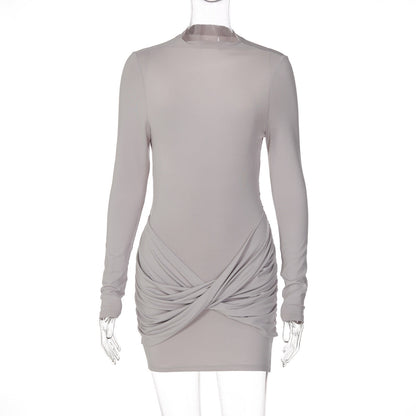 Women Clothing Solid Color Long Sleeve round Neck Pleated Slim Fit Backless Dress for Women by Ragazza