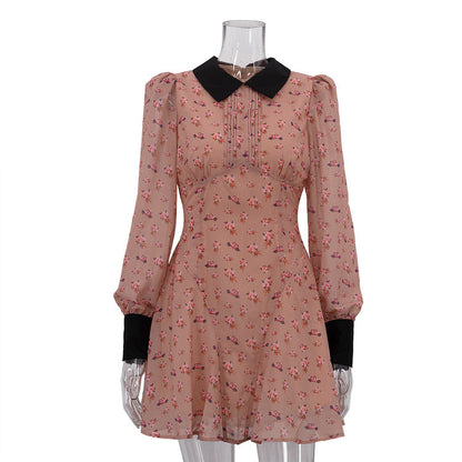 Printing Color Contrast French Dress Women Design Pleated Collared Long Sleeve High Waist A line Dress by Ragazza