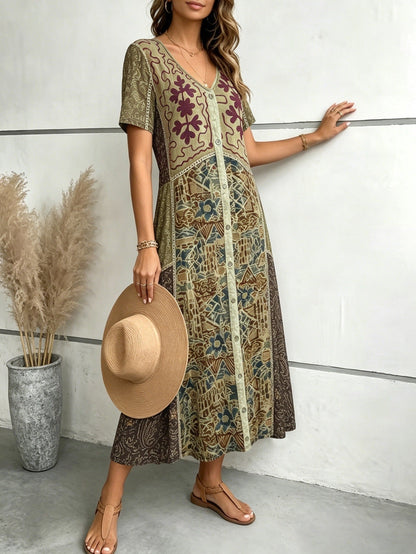 Summer Bohemian Stitching Printing Dress V neck Single Breasted A line Midi Dress  DestGlow