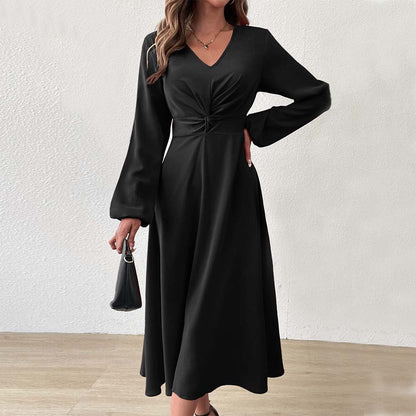 French Adult Lady like Woman V neck Dress Autumn Winter Elegant Elegant A line High Waist Midi Dress by Ragazza