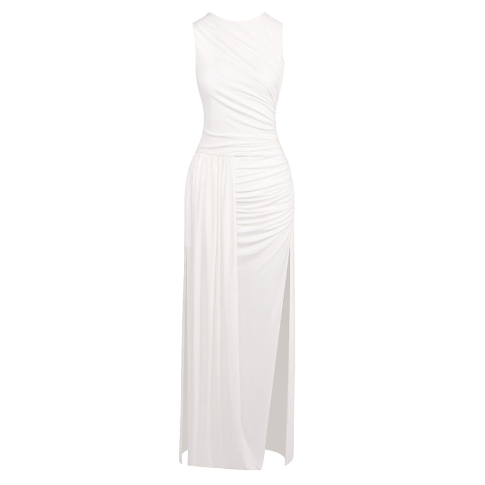 Hip Dress Summer Solid Color Dress round Neck Sleeveless Split Irregular Asymmetric Maxi Dress by Ragazza