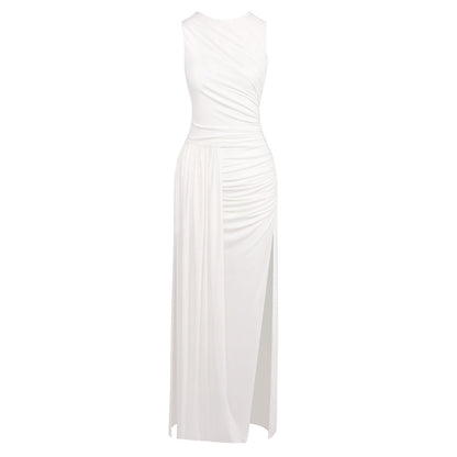 Hip Dress Summer Solid Color Dress round Neck Sleeveless Split Irregular Asymmetric Maxi Dress by Ragazza