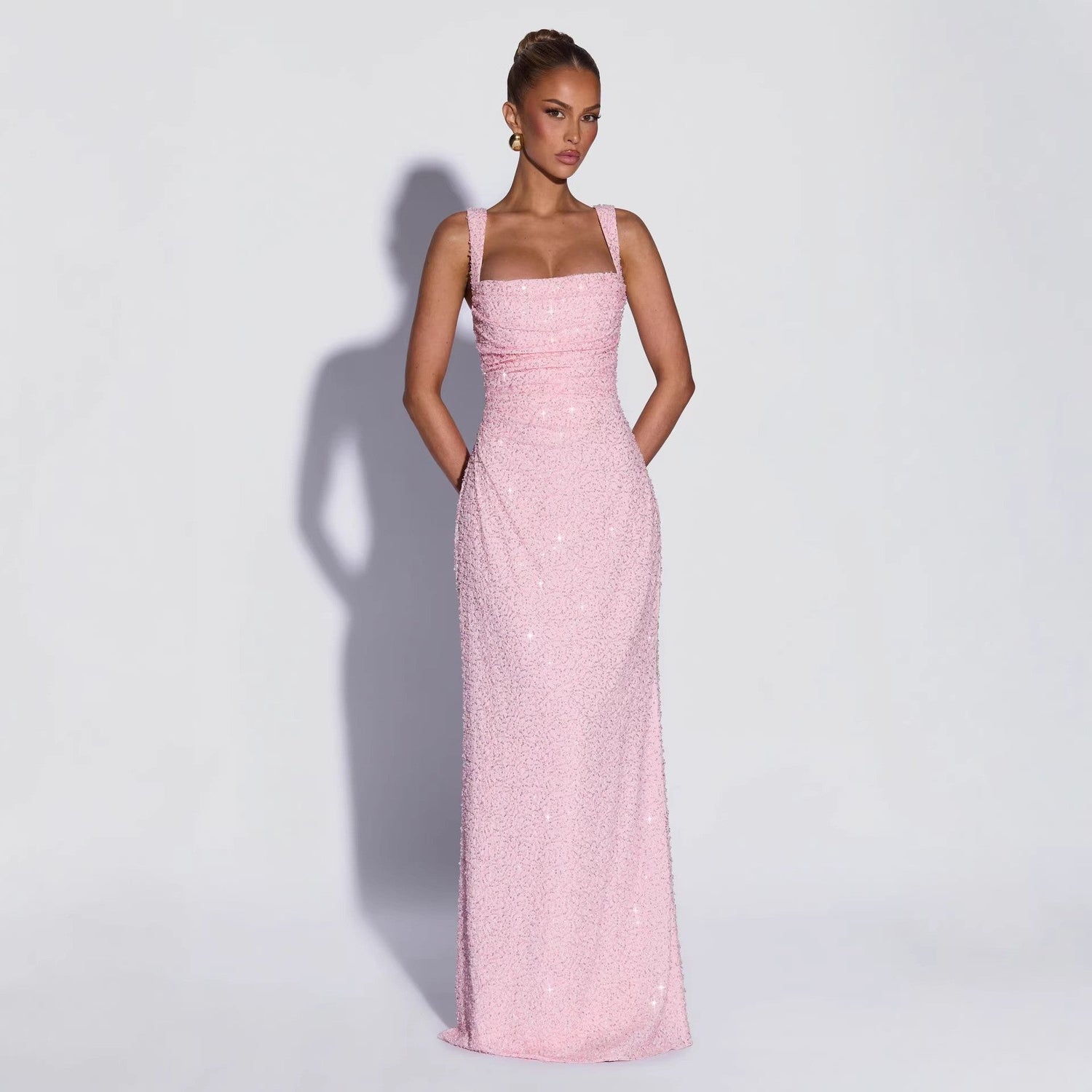 Personalized Sequined Solid Color Tube Top Dress Women Spring Sleeveless Suspenders Split Waist Fitted Maxi Dress  DestGlow