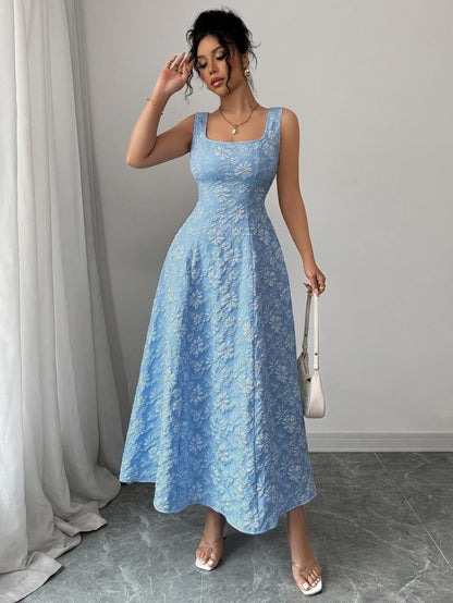 Popular Summer Vest Pullover Square Collar Jacquard Floral Swing Elegant Dress by Ragazza