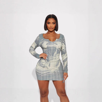 Women Clothing Cool Portrait Printing Slim Fit Sheath Fitted Waist Long Sleeve Tight Dress by Ragazza