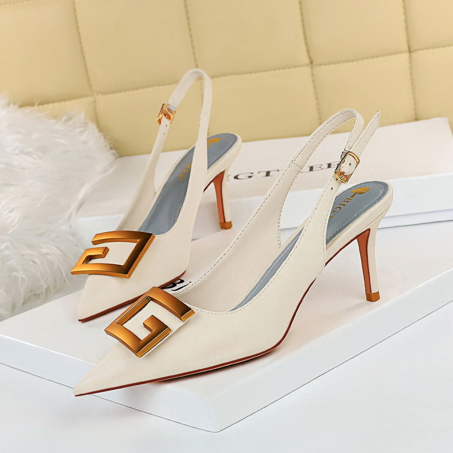 Women Shoes Stiletto Heel Shallow Mouth Pointed Toe Hollowed Back Strap Metal Square Buckle Pumps  DestGlow