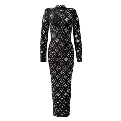 Long Sleeve Slim Heavy Embroidery Drilling Bandage One Piece Dress The Dinner Party Formal Dress by Ragazza
