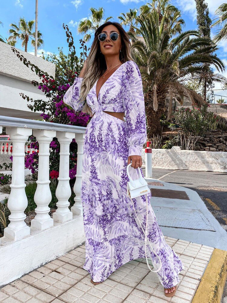Women Wear Spring Long Printed V neck Long Sleeve Elegant Dress by Ragazza