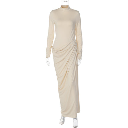 French Women Autumn Sexy Slim Fit Backless Button Solid Color Long Sleeve Dress by Ragazza