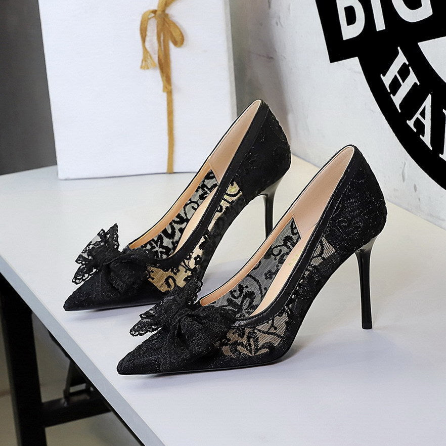 Elegant Lace Mesh Wedding Shoes Super High Heel Bow Party Dress High Heels  DestGlow