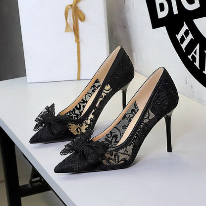 Elegant Lace Mesh Wedding Shoes Super High Heel Bow Party Dress High Heels  DestGlow