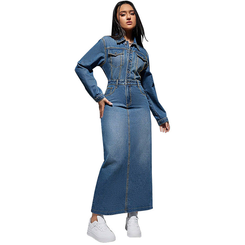 Women Clothing Women Long Sleeve Collared Button Split Maxi Dress by Ragazza