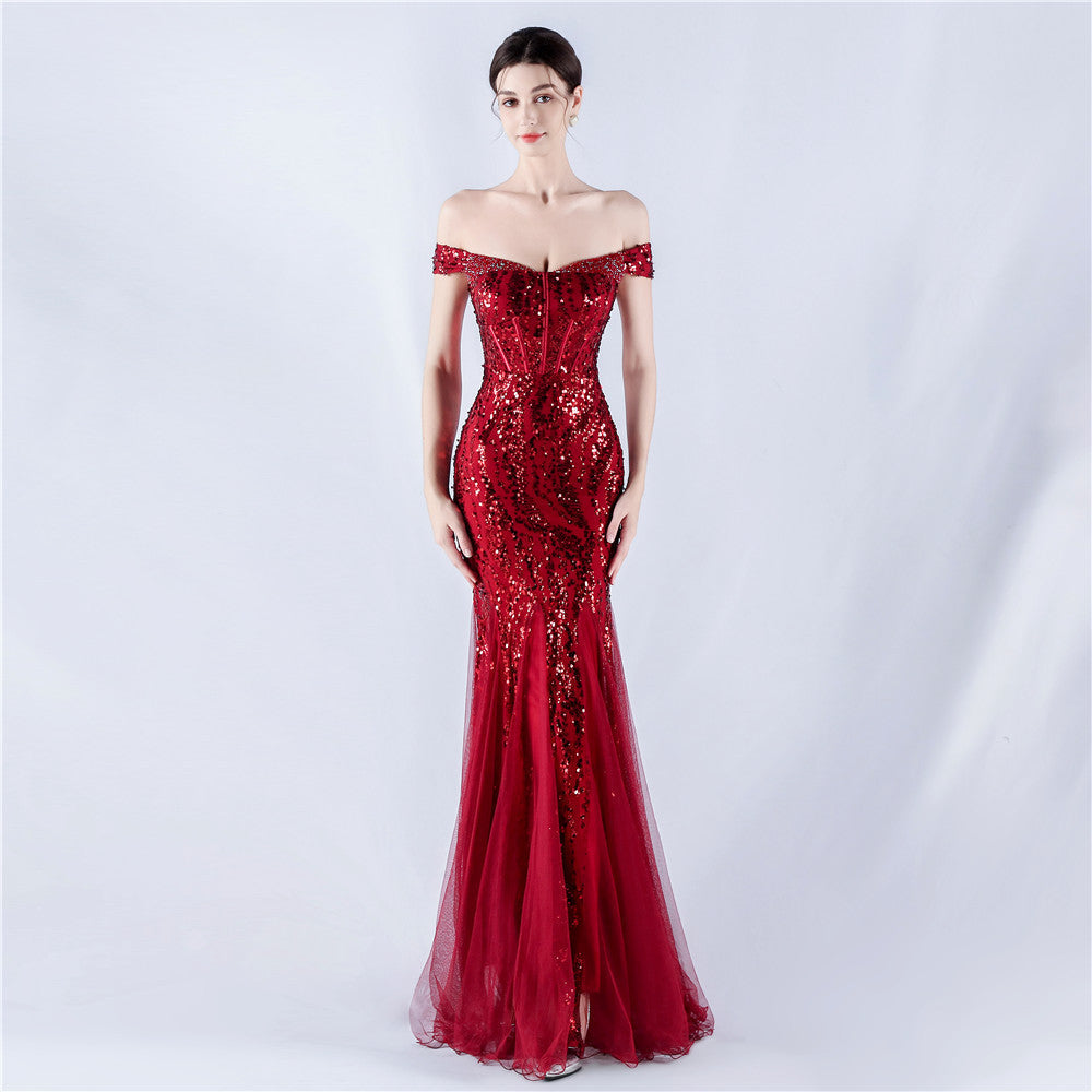 Dress Craft Beaded Mesh Sequin Evening Dress Annual Meeting Performance Host by Ragazza
