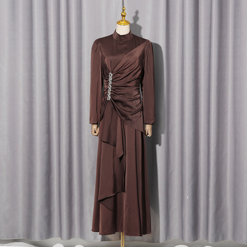 Elegant Palace Light Luxury Formal Dress Women Clothing Autumn Solid Color Diamond Pleated Long Sleeve Dress by Ragazza