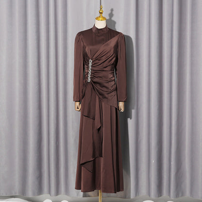 Elegant Palace Light Luxury Formal Dress Women Clothing Autumn Solid Color Diamond Pleated Long Sleeve Dress by Ragazza