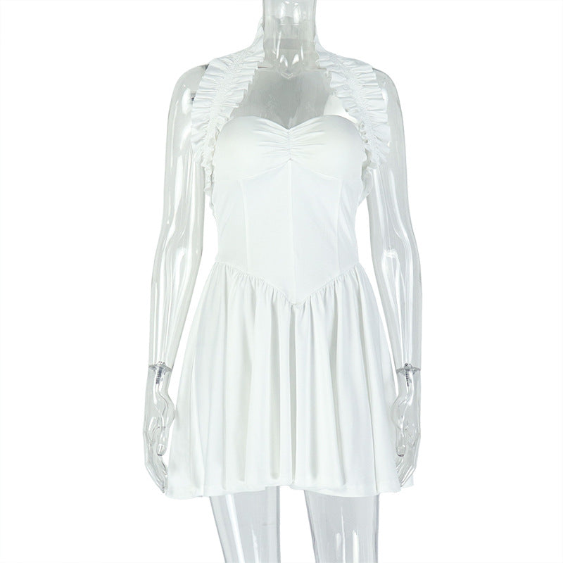 Solid Color Slim Women Clothing Sexy Backless Pleated A line Simple Halter Short Sleeveless Dress by Ragazza