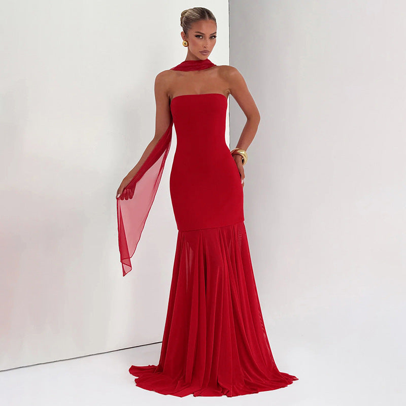Women Clothing Autumn Winter Solid Color Elegant Sleeveless Chiffon Stitching Tube Top Ribbon Maxi Dress by Ragazza
