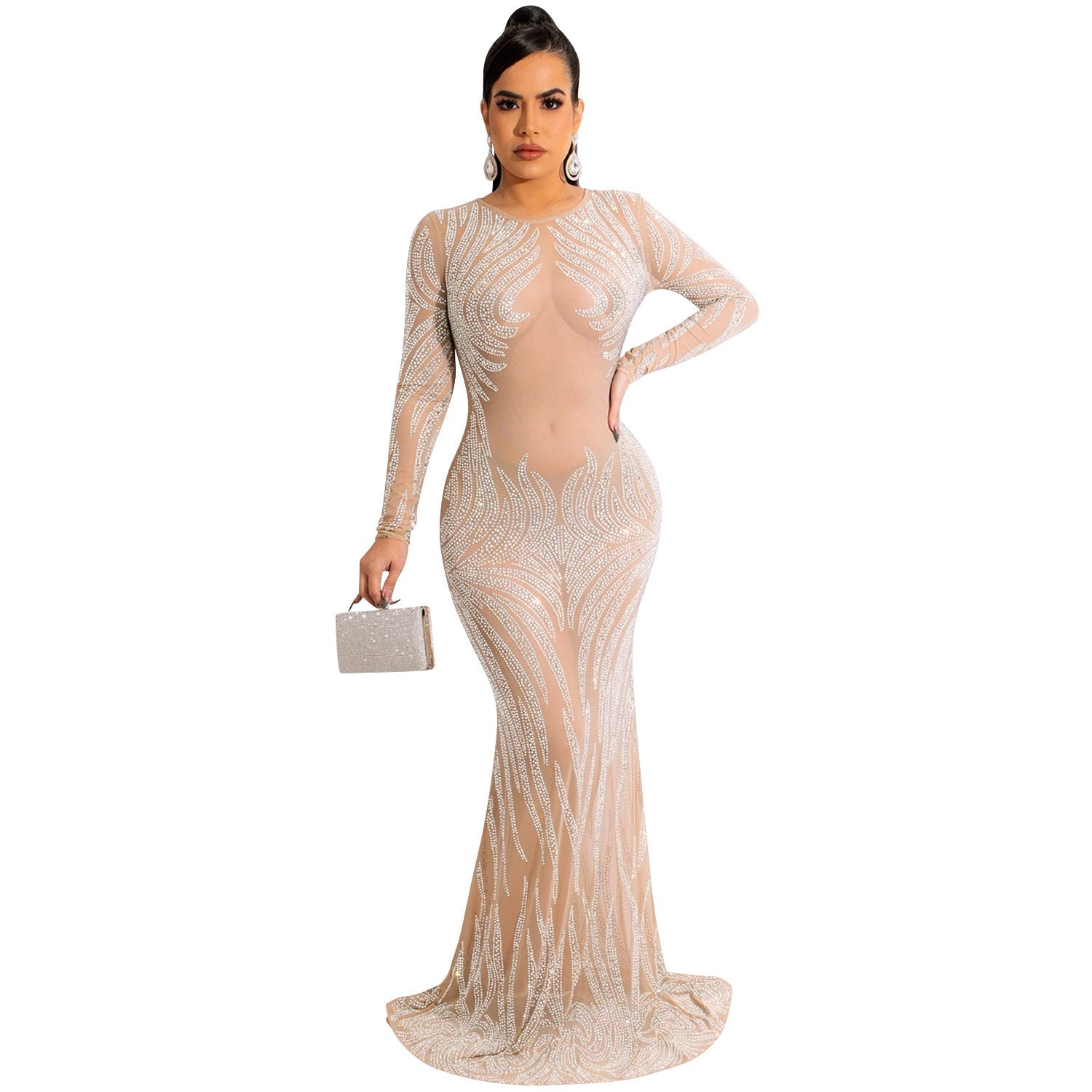Night Club Sexy Rhinestone Mesh See through Long Sleeve Dress Dress Women by Ragazza