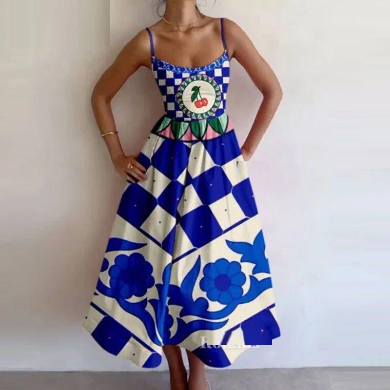 Spring Women Clothing Printing Pleated Waist Tight Large Swing Sling Dress by Ragazza