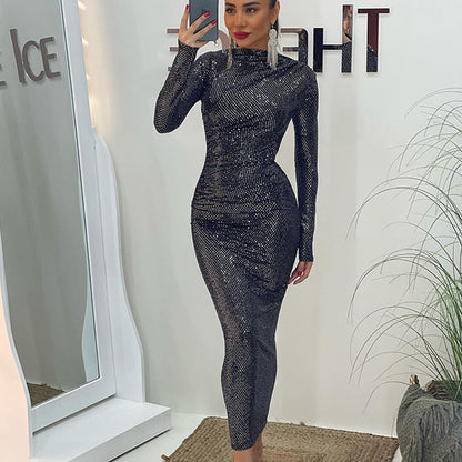 Women Sequin Design Slim Fit Graceful Tight Sexy Long Sleeve Narrow Dress Women by Ragazza