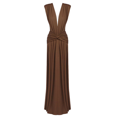 Sexy Brown Twisted Pleated Sleeveless Deep V Plunge Women Clothing Hip Dress by Ragazza