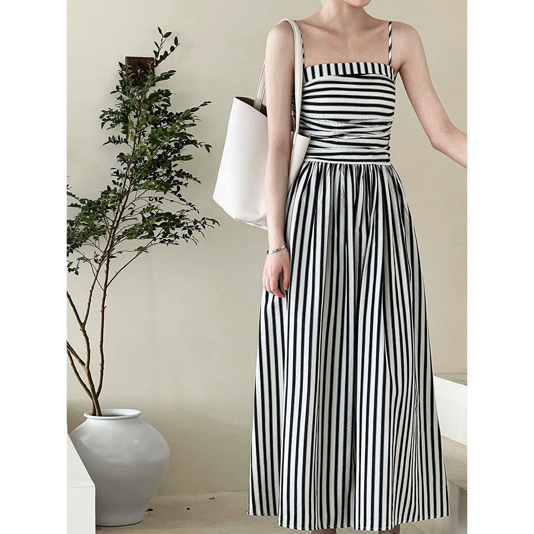 French Striped Bandeau Sling Dress Women High Grade off the Shoulder Pleated Waist Tight A line Long Summer by Ragazza