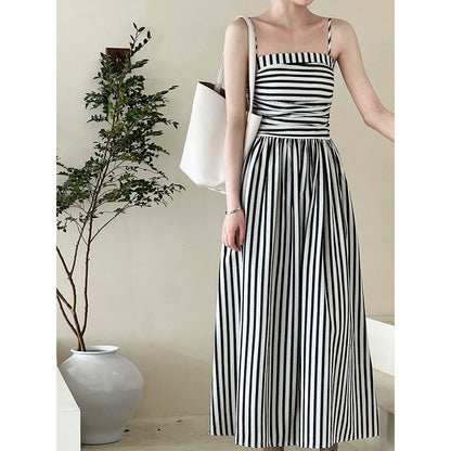 French Striped Bandeau Sling Dress Women High Grade off the Shoulder Pleated Waist Tight A line Long Summer by Ragazza