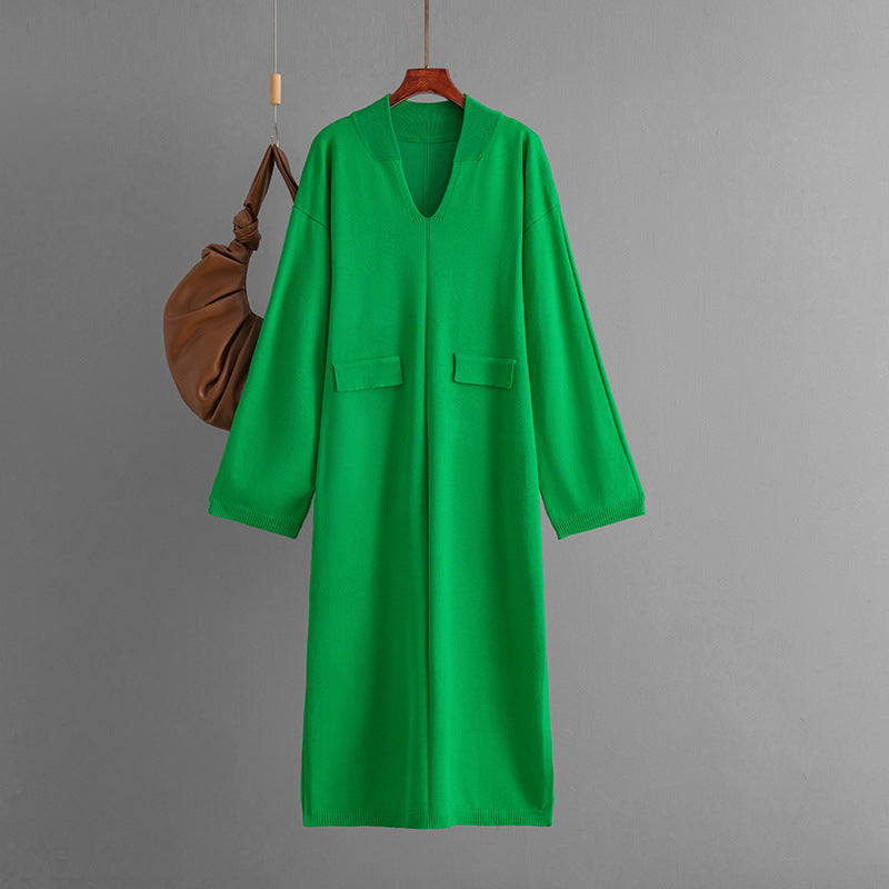 Autumn Winter V neck Solid Color Casual Loose Knitted Dress Split Long Sleeve Long Dress  DestGlow