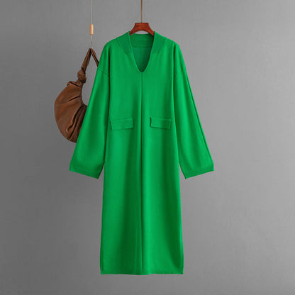 Autumn Winter V neck Solid Color Casual Loose Knitted Dress Split Long Sleeve Long Dress  DestGlow