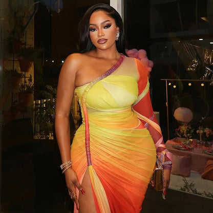 Women Clothing Pleated Color Matching Slit Slim Fitting Asymmetric Diagonal Collar Shoulder Long Sleeve Dress by Ragazza
