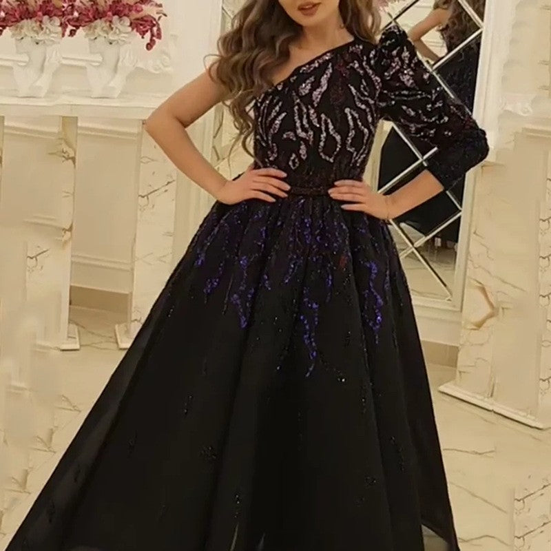 Evening Dress Cocktail Long Black Gold Annual Meeting Host Performance Dress by Ragazza