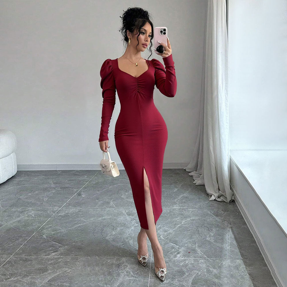 Retro Burgundy Velvet Dress for Women Autumn Winter Square Collar Puff Sleeve Waist Slimming Slit Sheath Maxi Dress by Ragazza