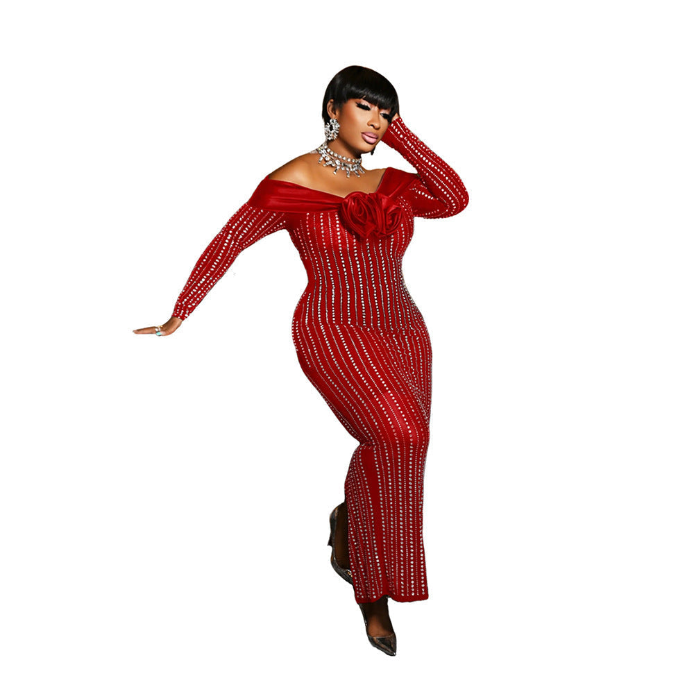 Off Shoulder Rhinestone Contrast Color Corsage Long Sleeve Dress Cocktail Dress  DestGlow