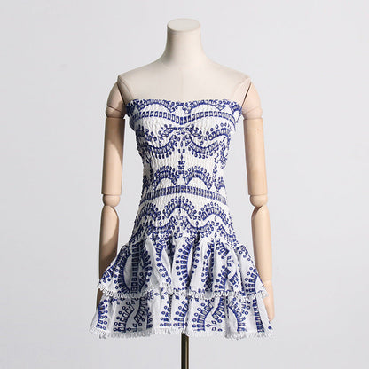 Spring Sexy Sexy Elastic Waist Tube Top Embroidered Ruffled Short Dress for Women by Ragazza
