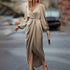 Elegant Cross Collar Pleated Split Puff Sleeve Irregular Asymmetric Long Sleeve Women Dress by Ragazza