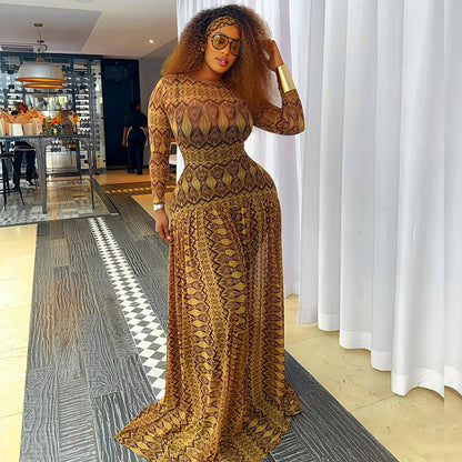 Elegant Retro Women Waist Slimming Micro Transparent A line Printing round Neck Long Sleeved Dress by Ragazza