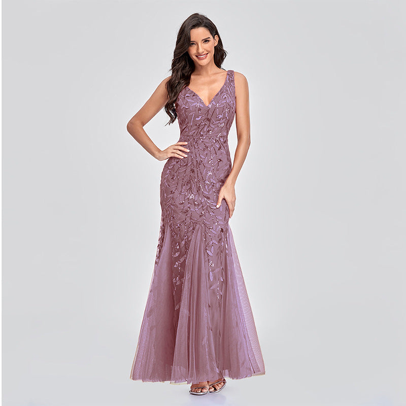 Evening Dress V neck Tulle Embroidered Sequ Sexy Mermaid Prom Dress Women Formal Dress by Ragazza