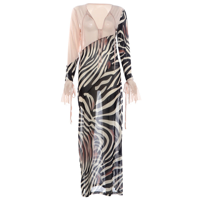 Summer Color Contrast Printed Sexy V neck Mesh Long Sleeve Dress  DestGlow