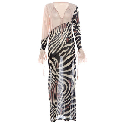 Summer Color Contrast Printed Sexy V neck Mesh Long Sleeve Dress  DestGlow
