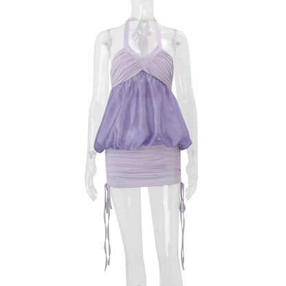 Women Clothing Summer off Shoulder Halter Pleated See through Color Matching Sleeveless Sheath Dress  DestGlow