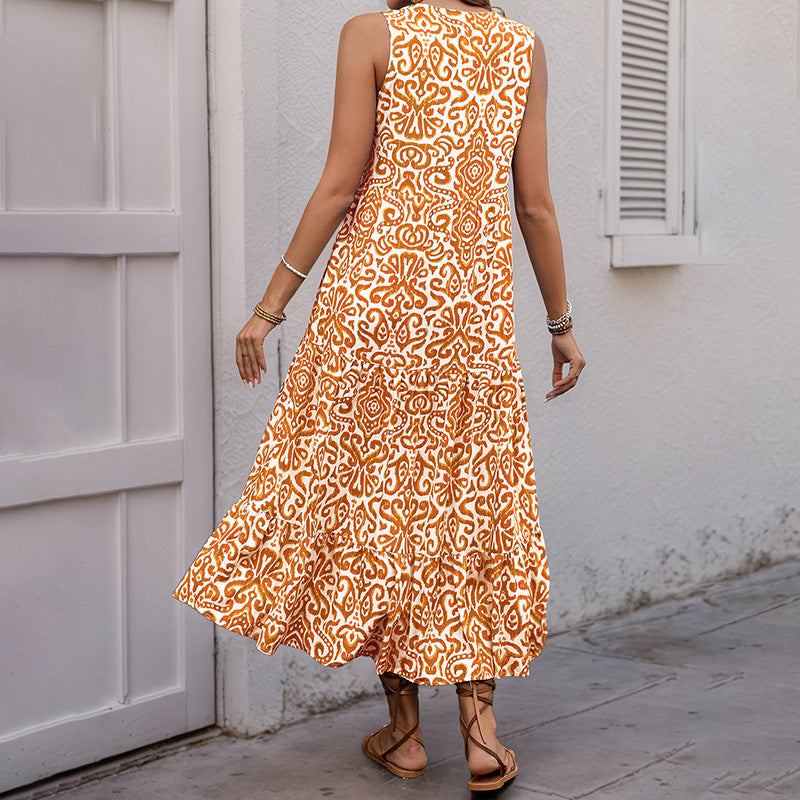 Summer Mid Length Sleeveless V neck Abstract Pattern Printing Dress by Ragazza