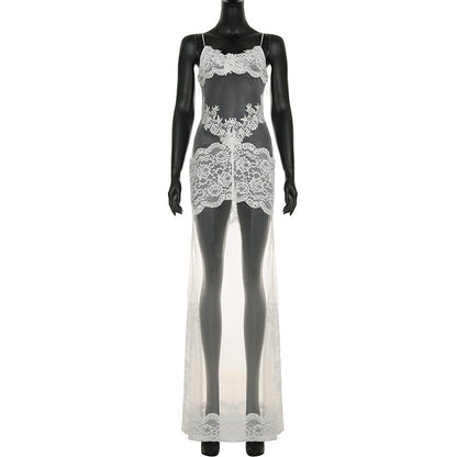 Summer Women Mesh Lace Lace Spaghetti Strap Dress See through Sexy Nightdress Vacation Maxi Dress by Ragazza
