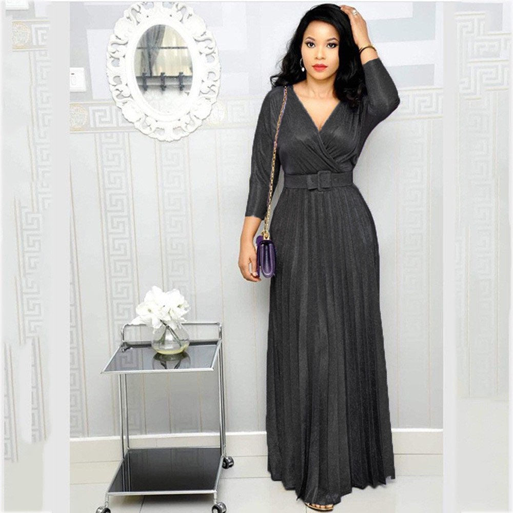 Winter African Women Wear Long Sleeve Bronzing Pleated Swing Dress with Belt Glittering Powder Fabric by Ragazza