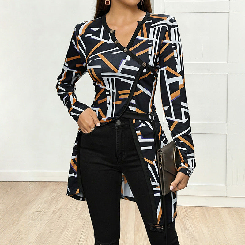 Geometric Abstract Printing Long T shirt V neck Slim Fit Slit Top Women Clothing by Ragazza