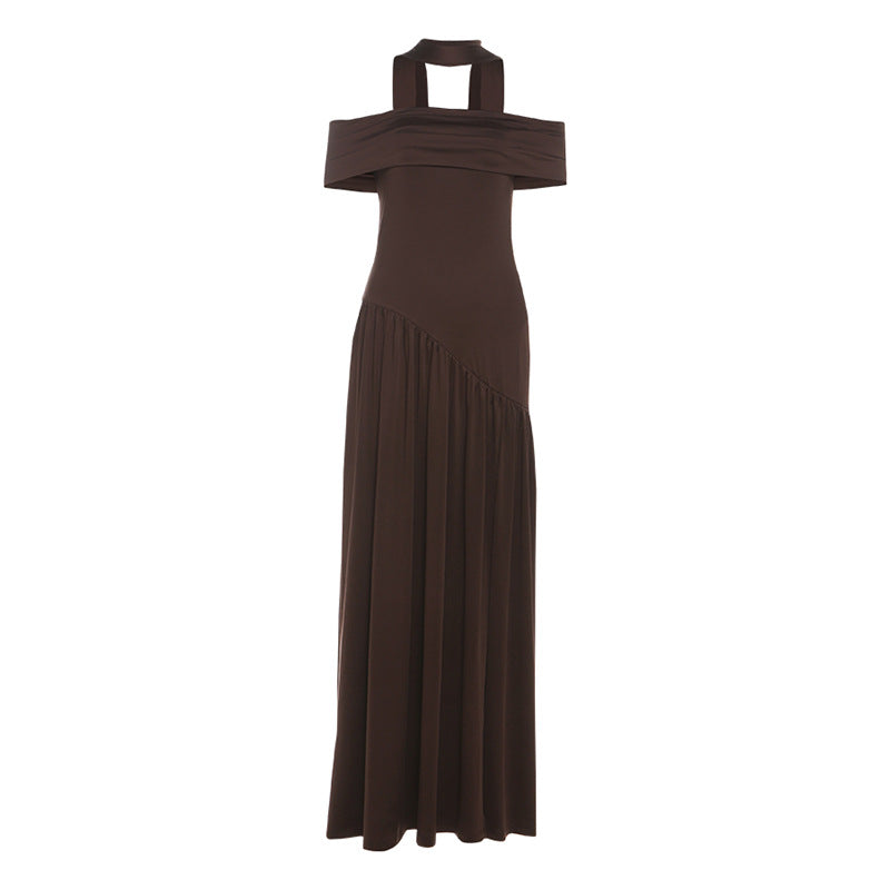 Autumn Women Clothing Sexy Backless Slim Fit Solid Color Scarf Collar Split off Shoulder Dress by Ragazza