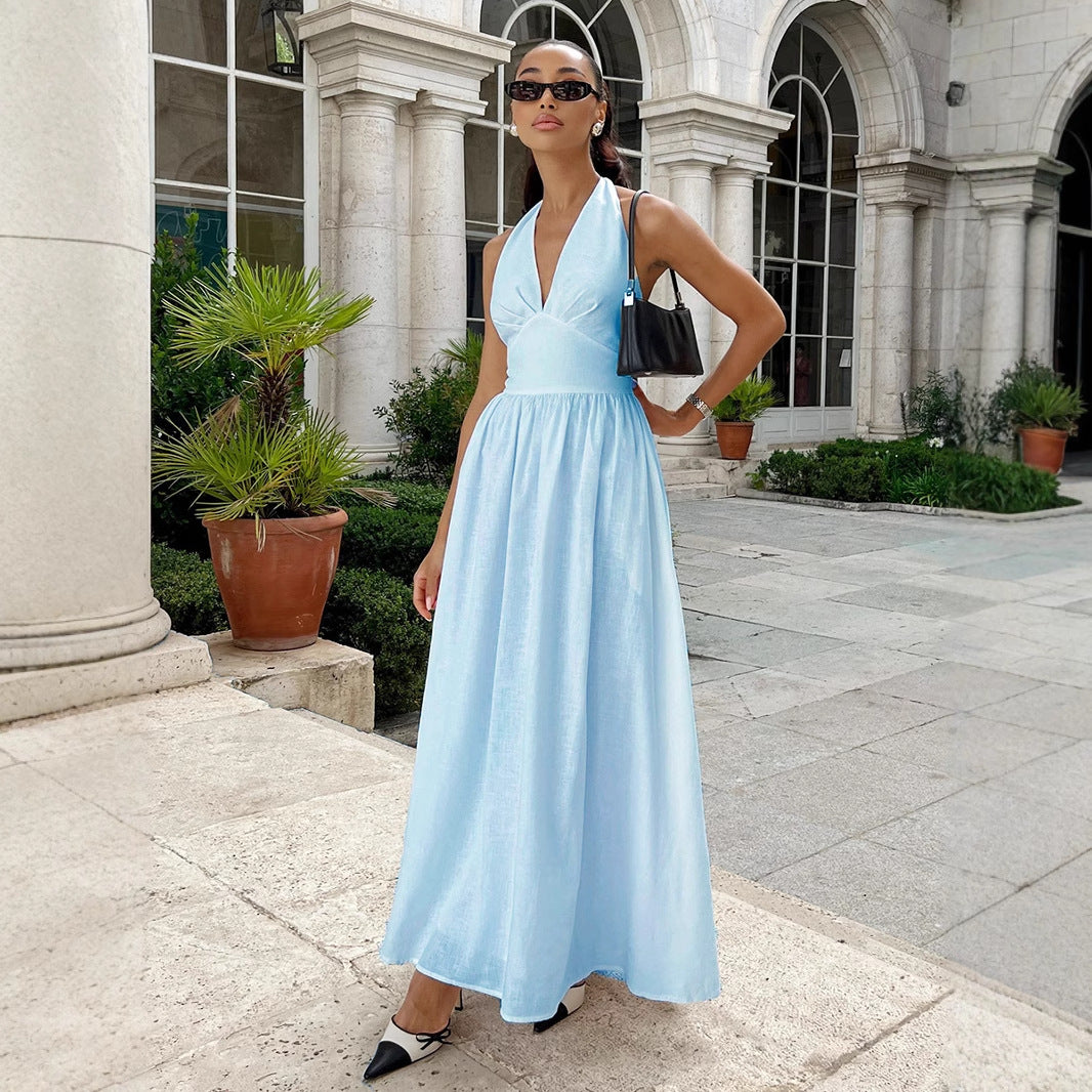 Pure Cottom Maxi Dress Spring Summer Tight Waist V neck Lace up Long Dress Large Swing Dress Women by Ragazza