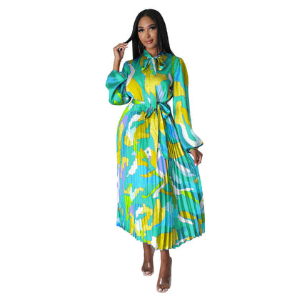 Women Clothing Lace up Long Sleeve Printed Pleated Dress by Ragazza