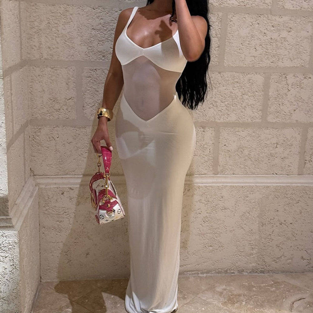Women Clothing Sexy Patchwork Mesh Dress Solid Color V neck Long See through One Step Dress by Ragazza